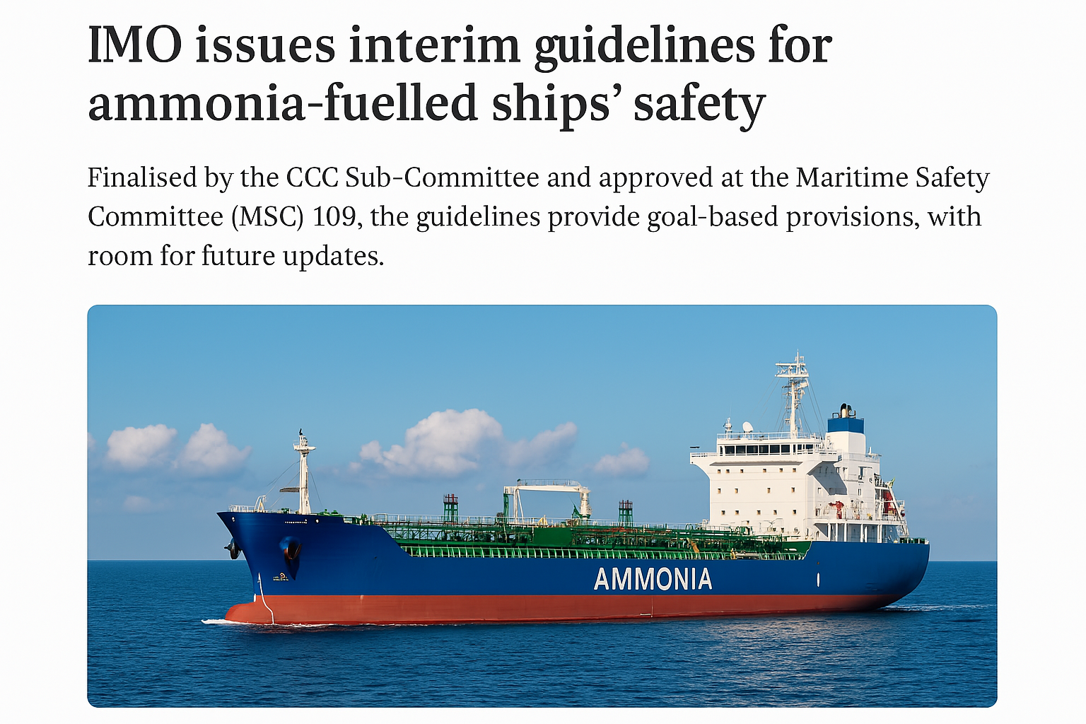 IMO issues interim guidelines for ammonia-fuelled ships’ safety